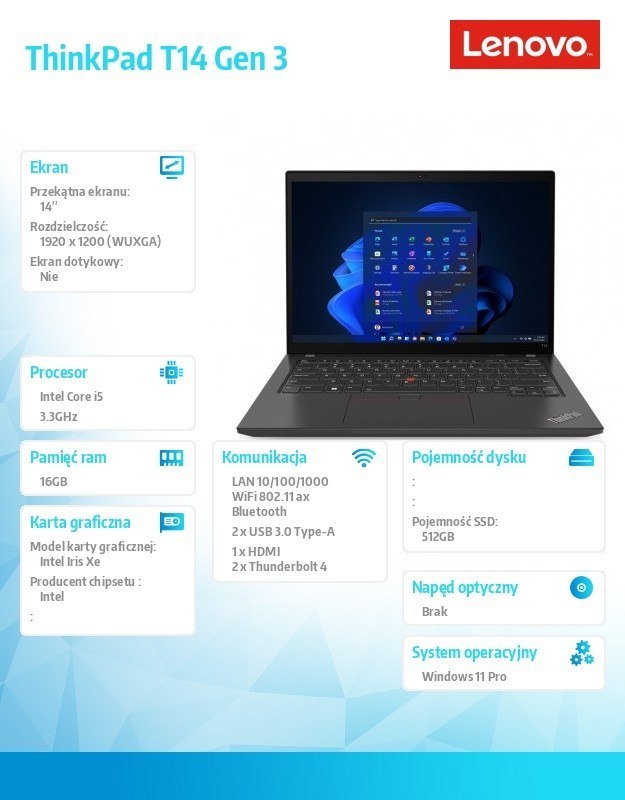 Ultrabook ThinkPad T14 G3 21AH007VPB W11Pro i5-1240P/16GB/512GB/INT/14.0 WUXGA/Black/3YRS Premier Support