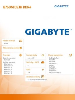 Płyta główna Gigabyte B760M DS3H B760 / DDR4/SATA3 / M.2 / USB3.1 PCIe4.0